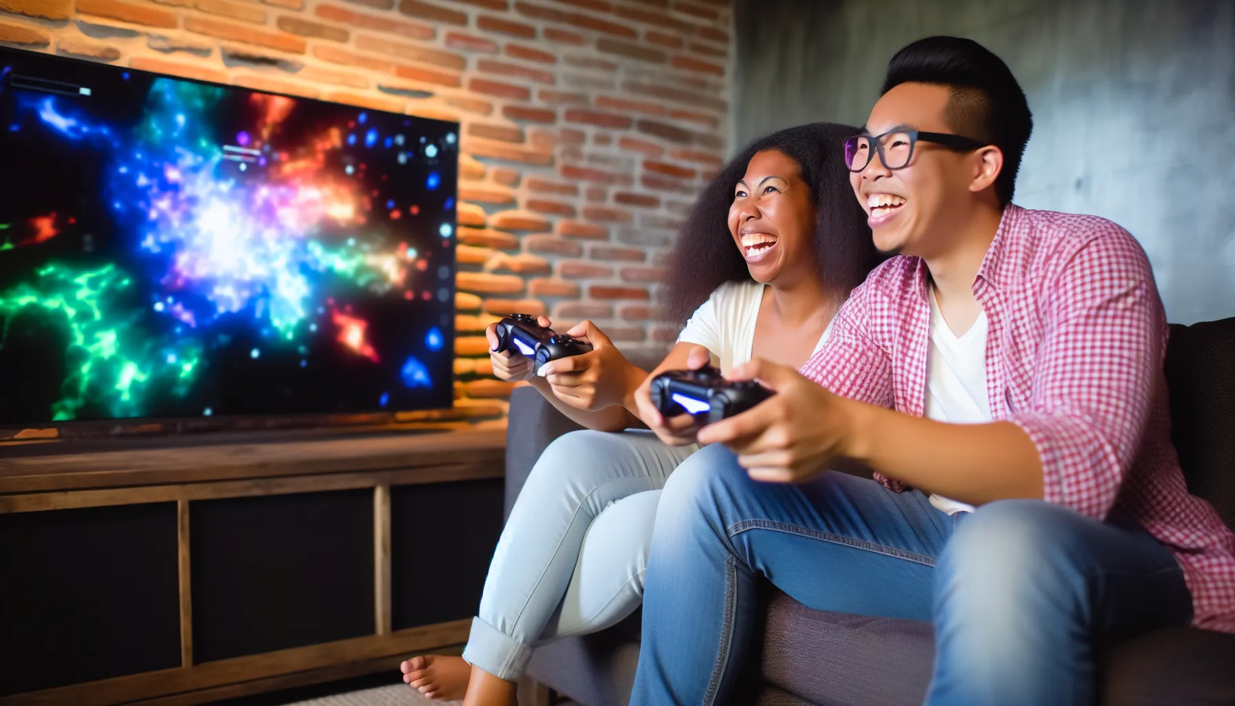 Couple joyfully collaborating in video games