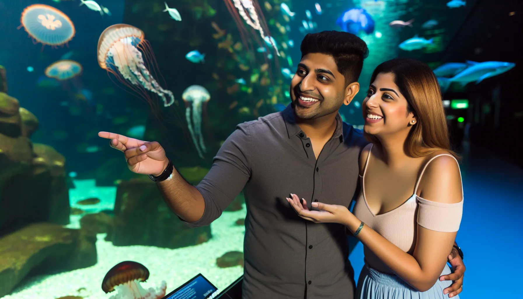Couple admiring marine life at an aquarium