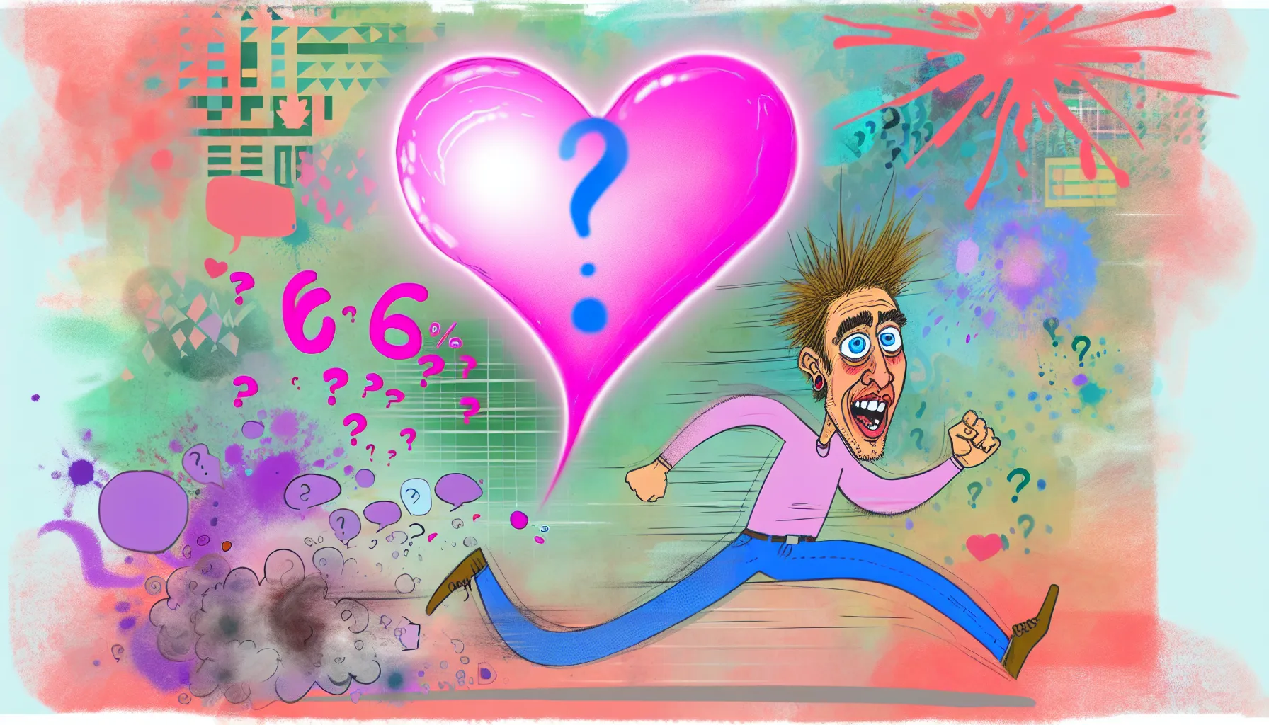 Humorous illustration: Man fleeing from love, surrounded by confusion