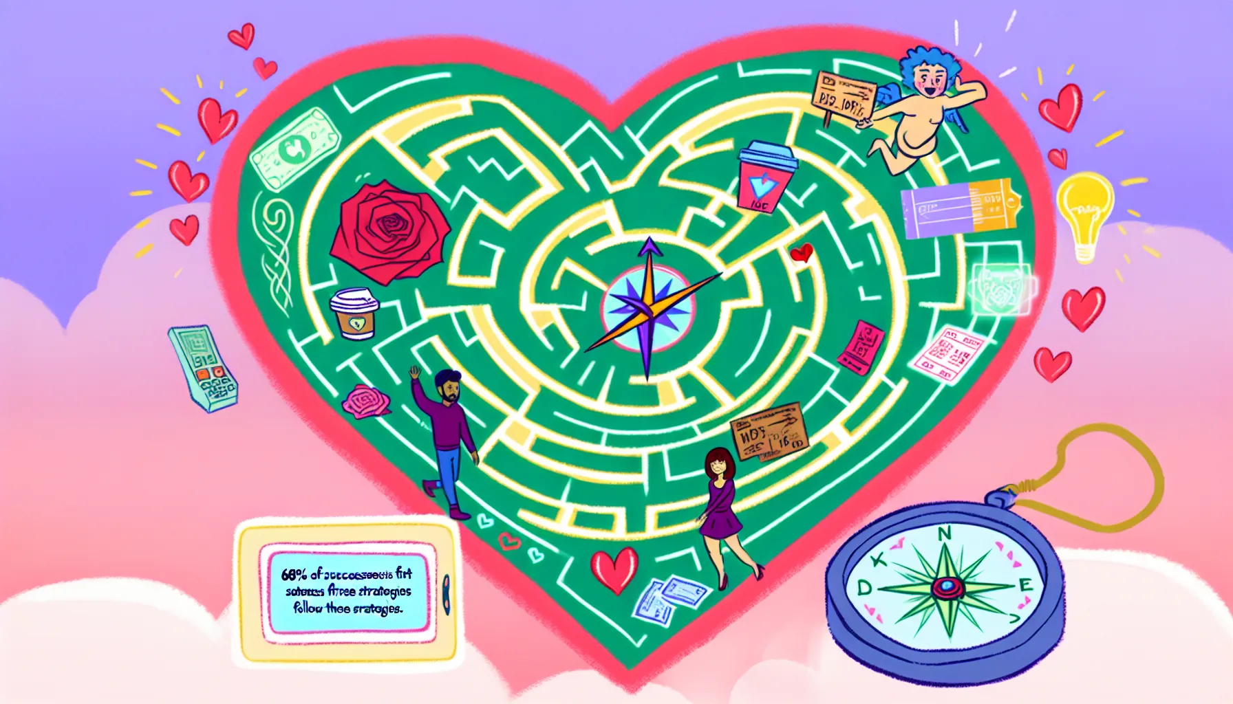 Heart-shaped dating maze with 15 strategies and success rate