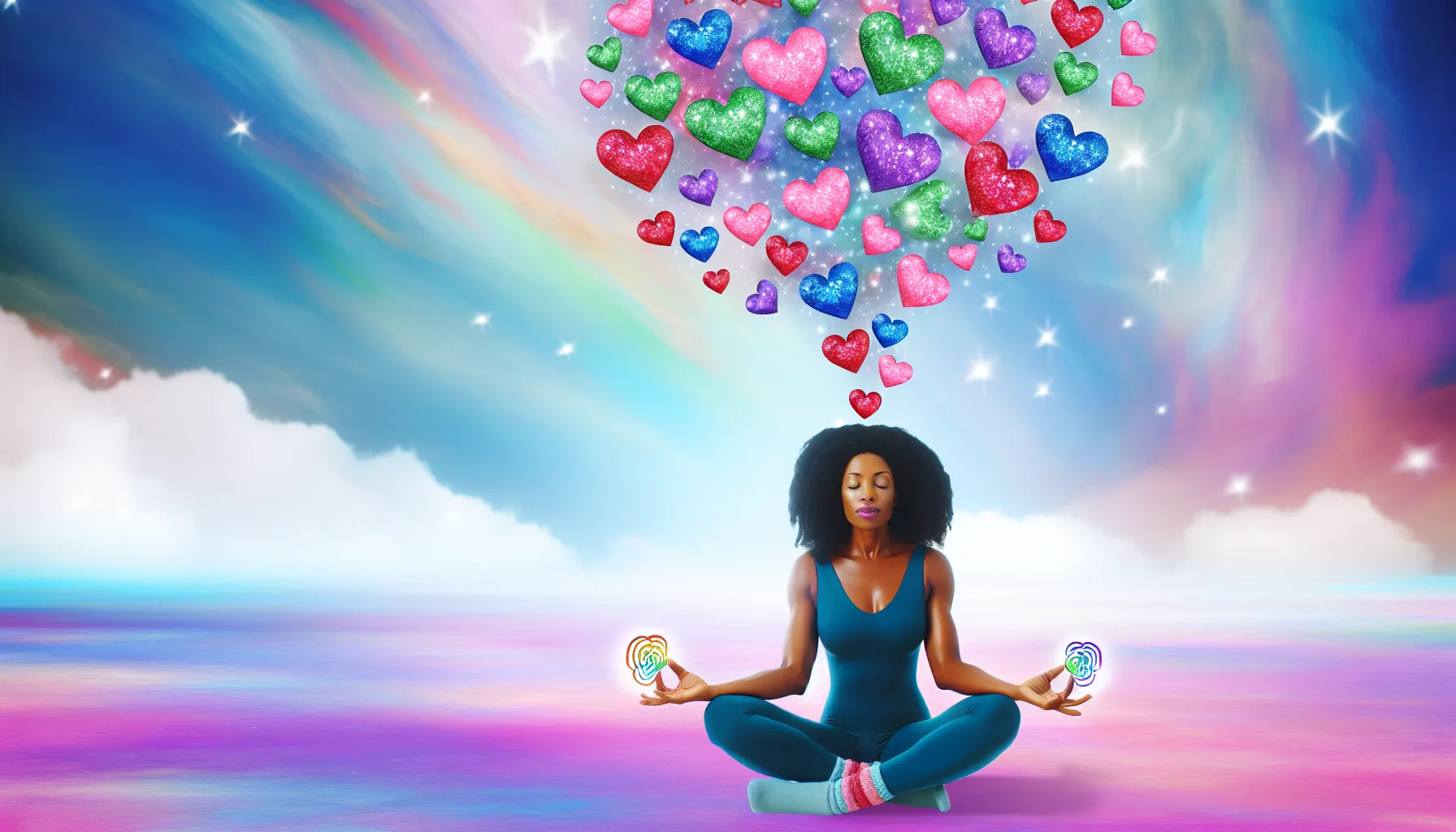 Person meditating surrounded by love energy and cosmic possibilities