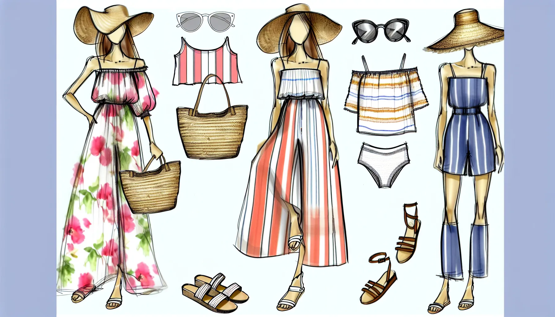 Stylized fashion sketch of summer casual date outfits