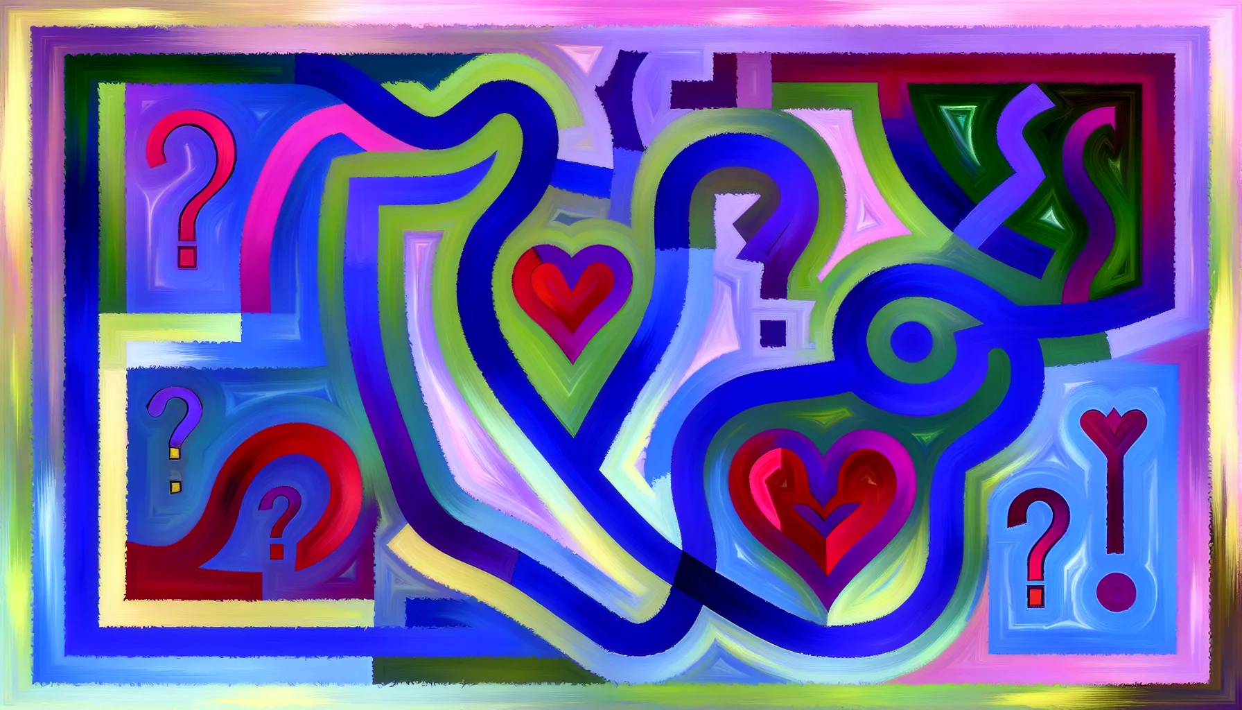 Colorful relationship maze with hearts, question marks, and keys