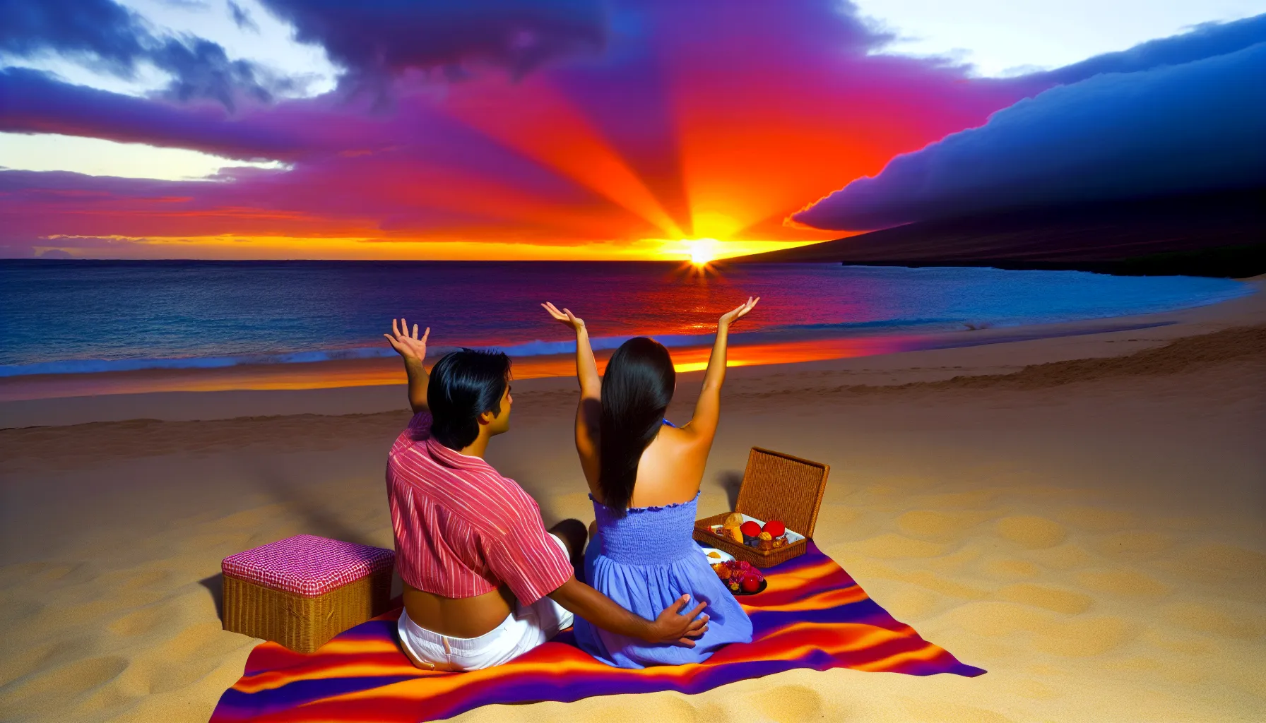 Couple enjoying sunset on a beach in Lanai, Hawaii