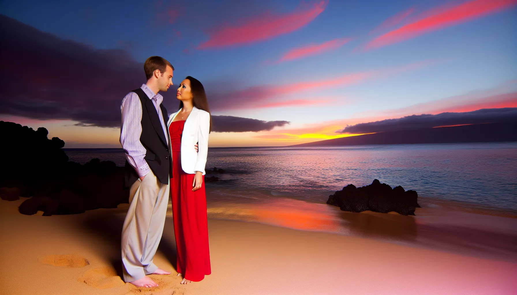 Couple enjoying sunset on a secluded beach in Lanai, Hawaii with vibrant sky hues