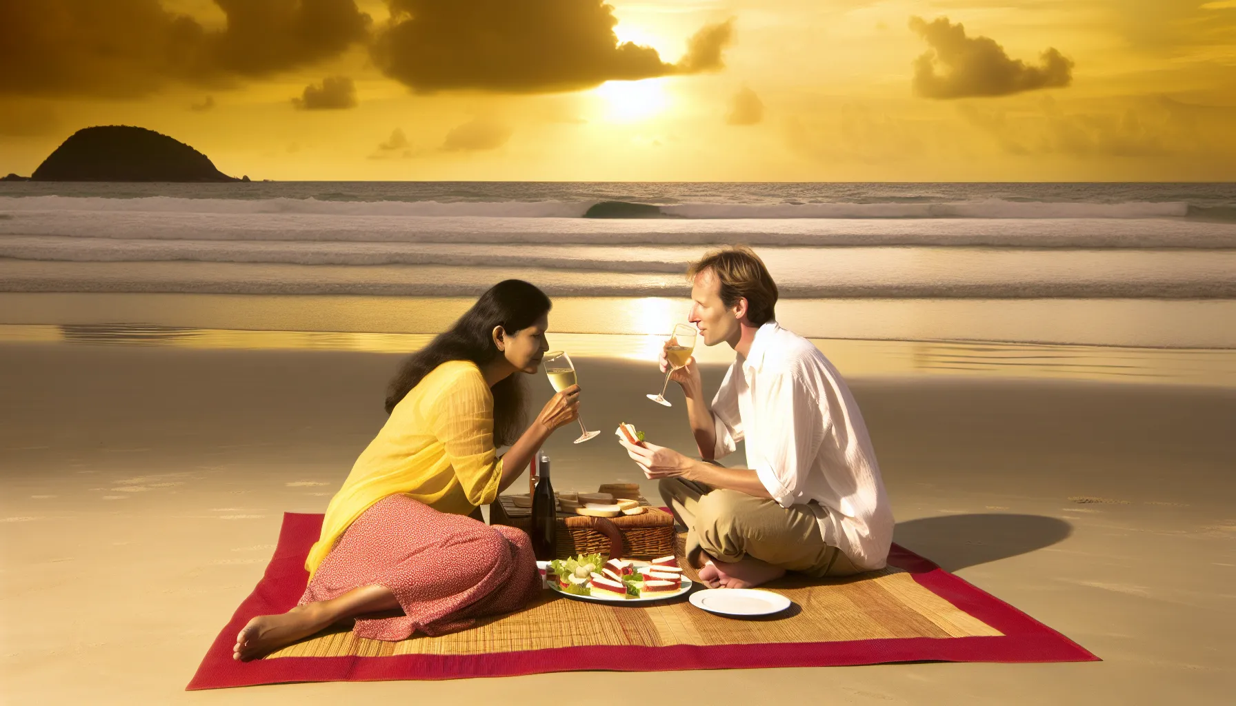 couple enjoying a sunset picnic by the shore