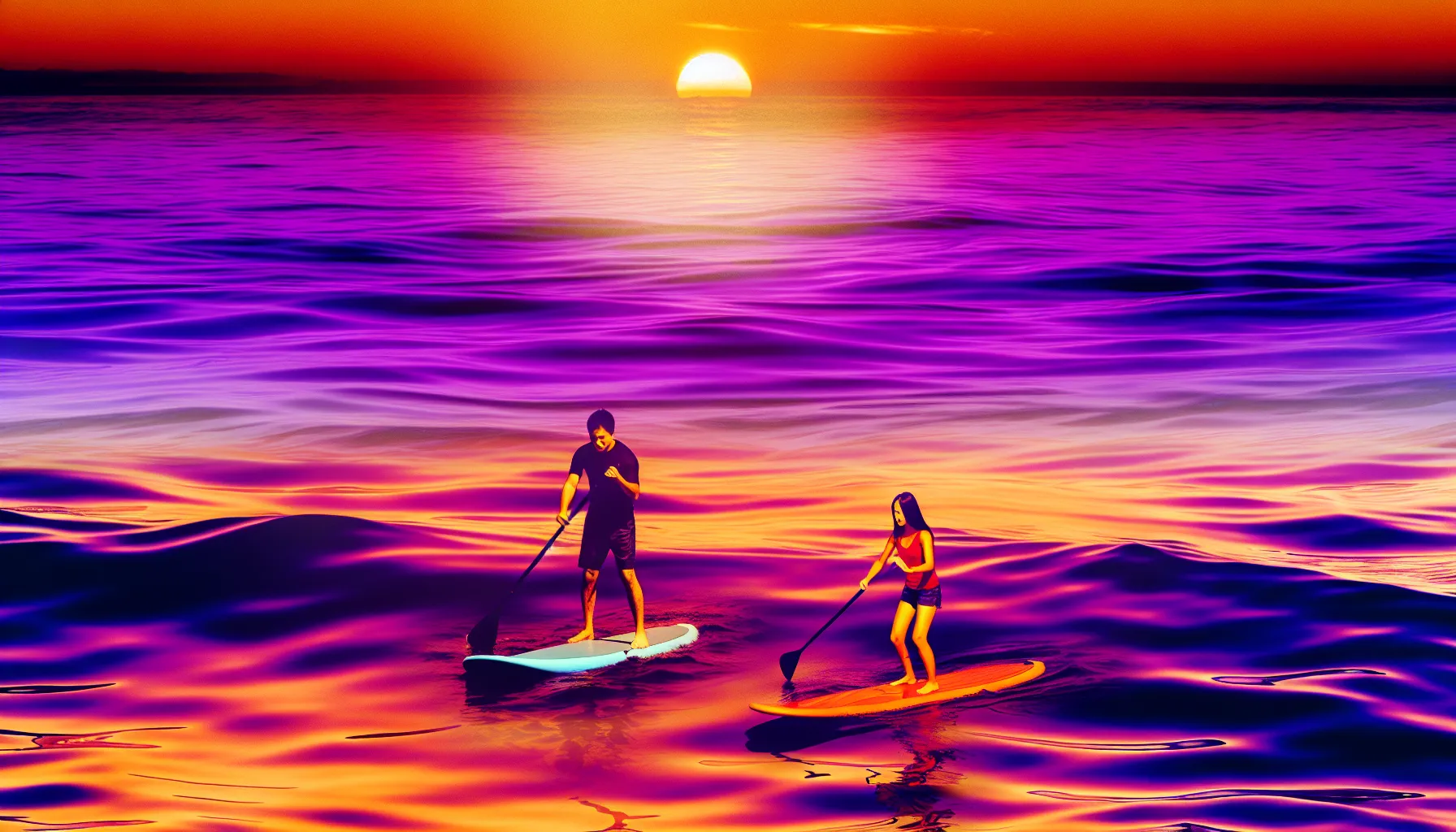 Couple paddleboarding together at sunset