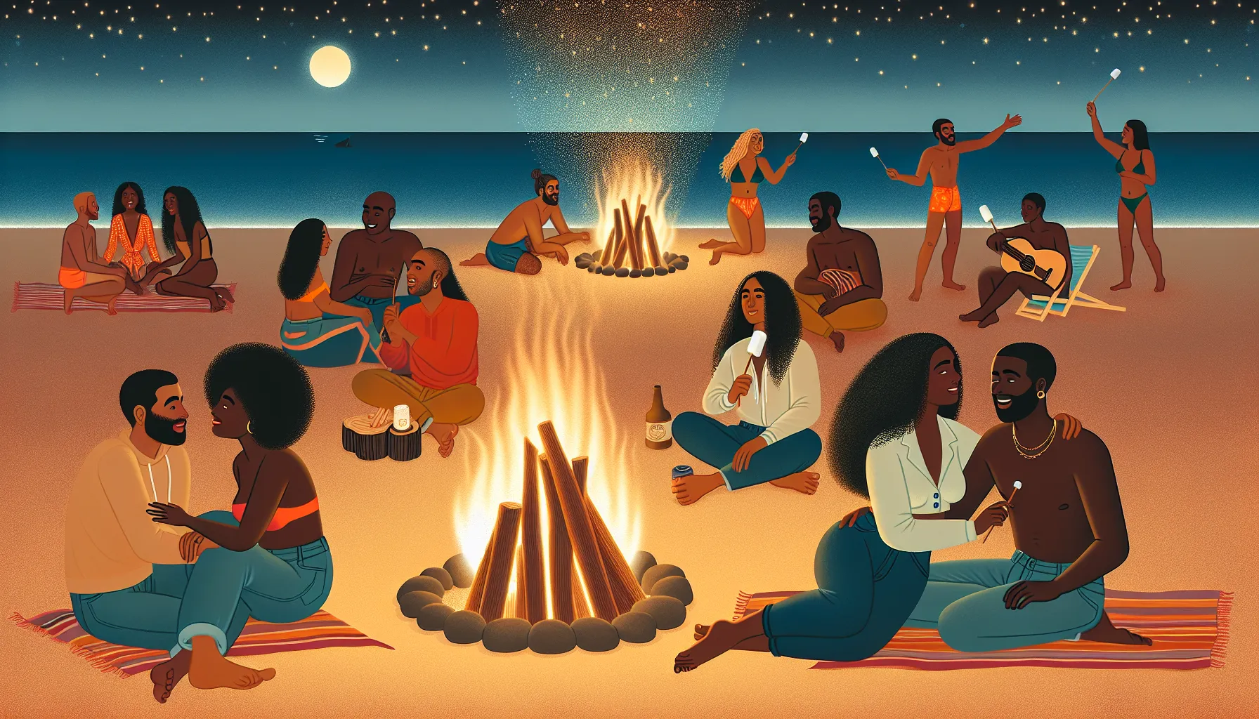 Couples gathered around a fire on the coast at night, roasting marshmallows and enjoying each other's company.