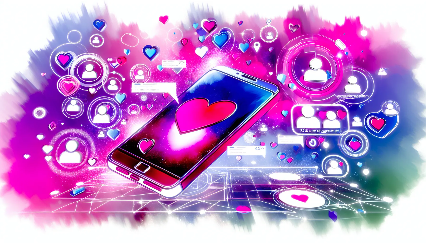 Vibrant abstract illustration of online dating concept with engagement statistics