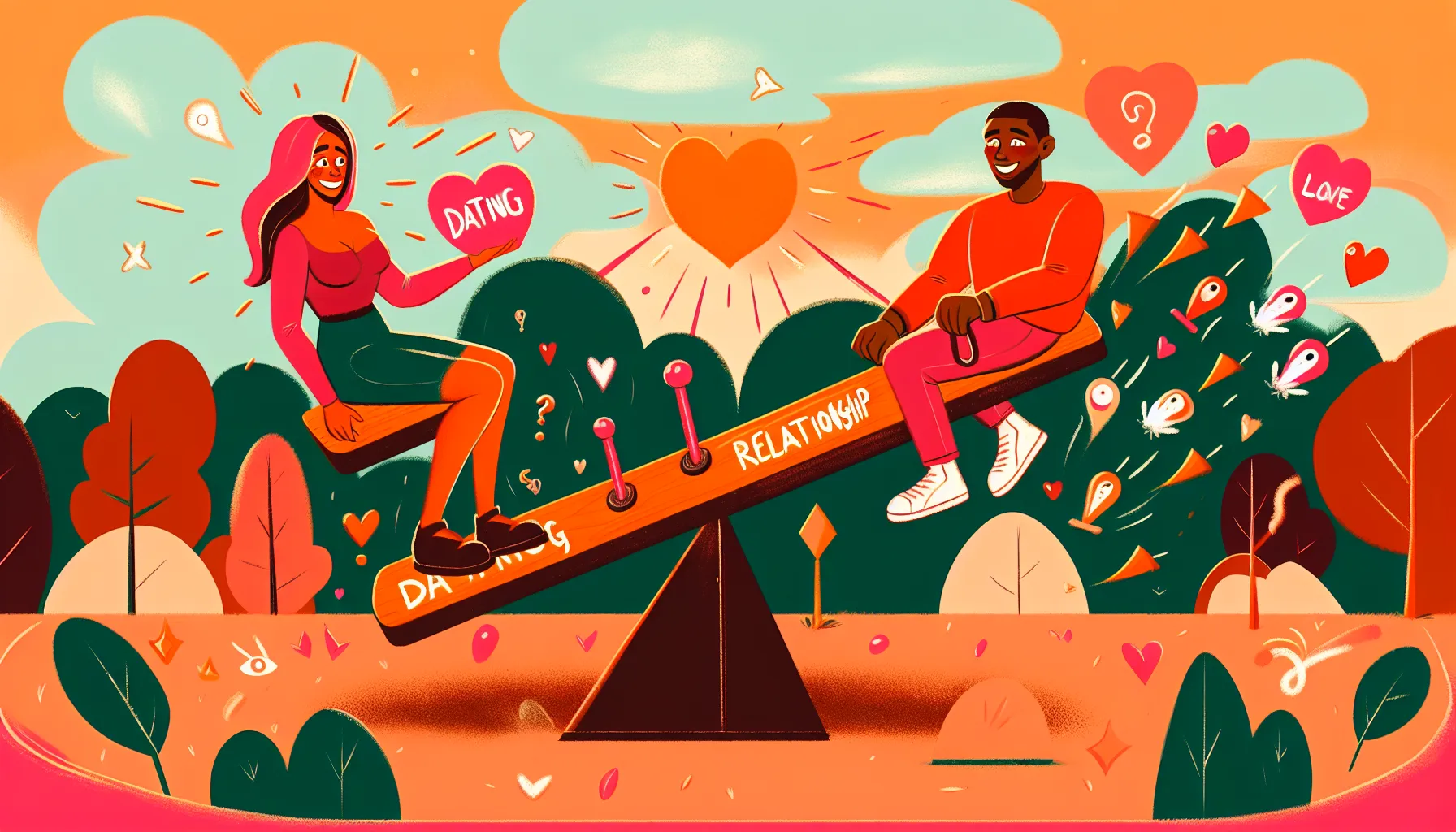 Whimsical illustration: Dating vs Relationship seesaw