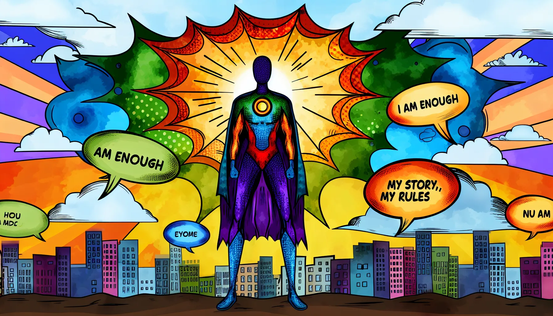 Reader as superhero with empowering messages, showcasing transformation and self-empowerment