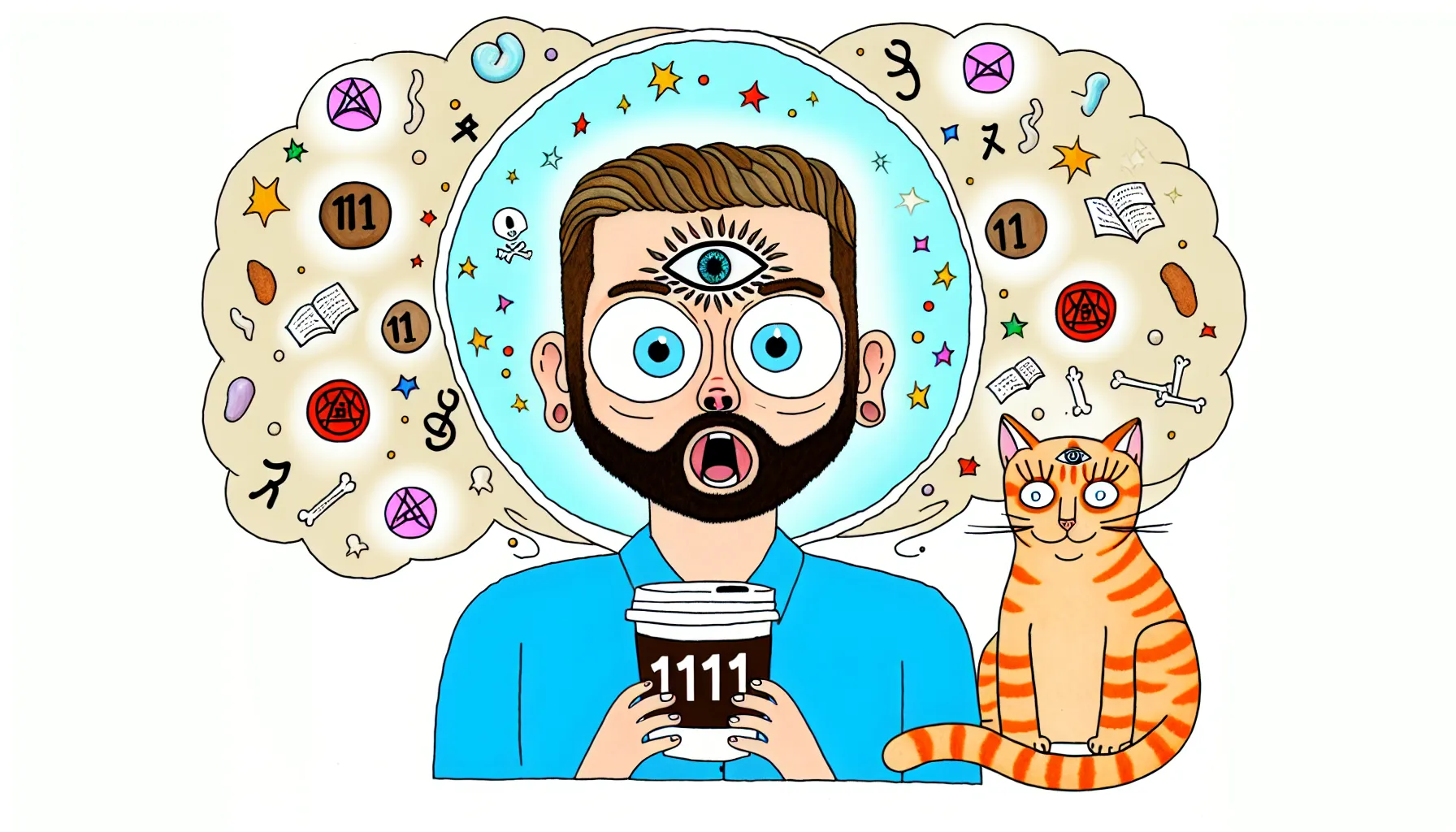 Humorous depiction of spiritual awakening with 111, coffee, and a mysterious cat