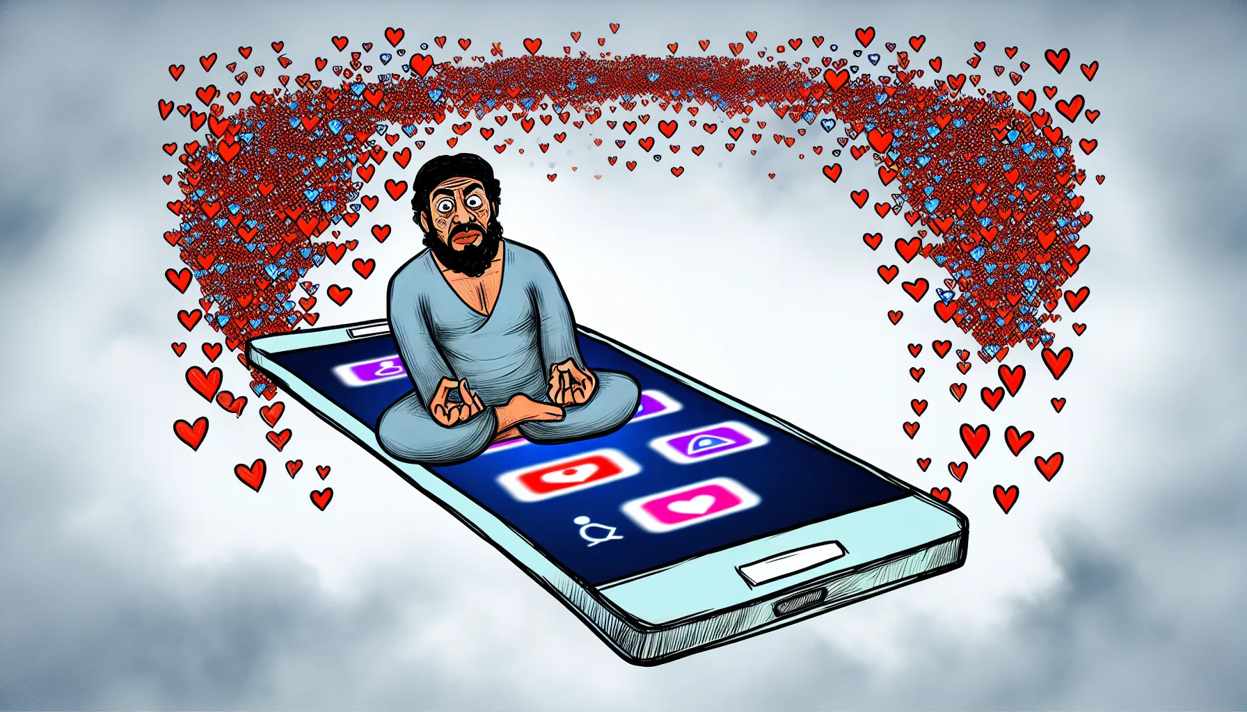 Humorous illustration of mindful dating: Meditator balancing on smartphone amidst hearts and app icons