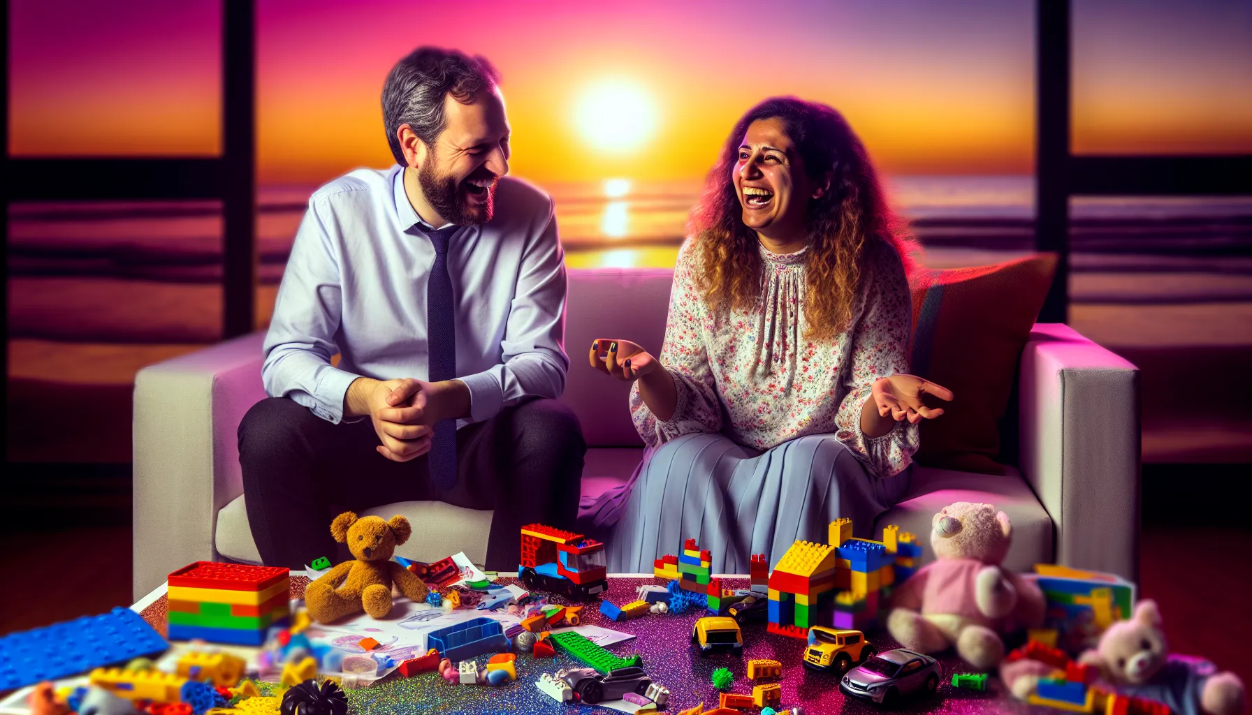 Couple enjoying family moments amidst toys