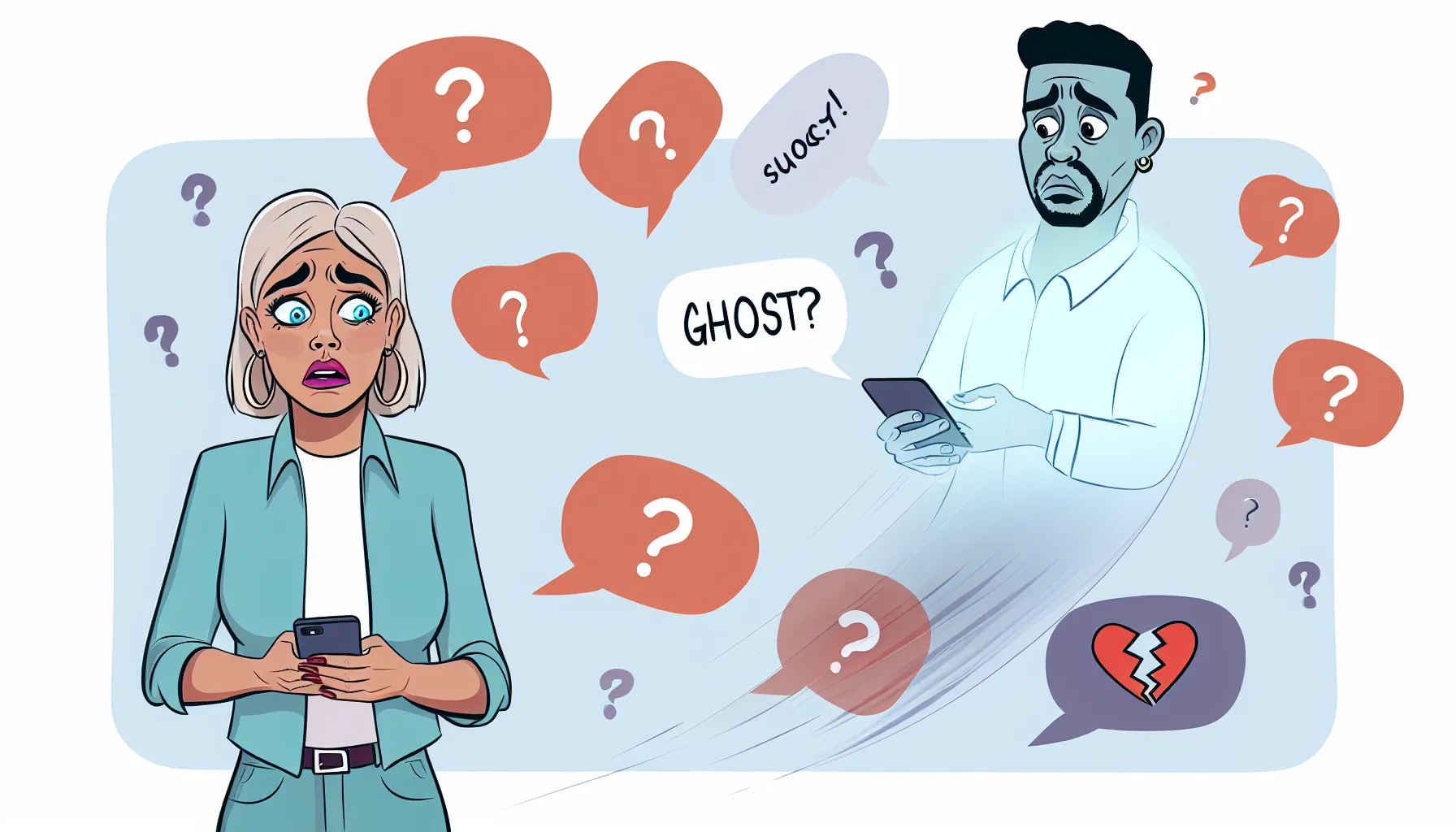 Cartoon illustrating the complexities of ghosting in modern dating