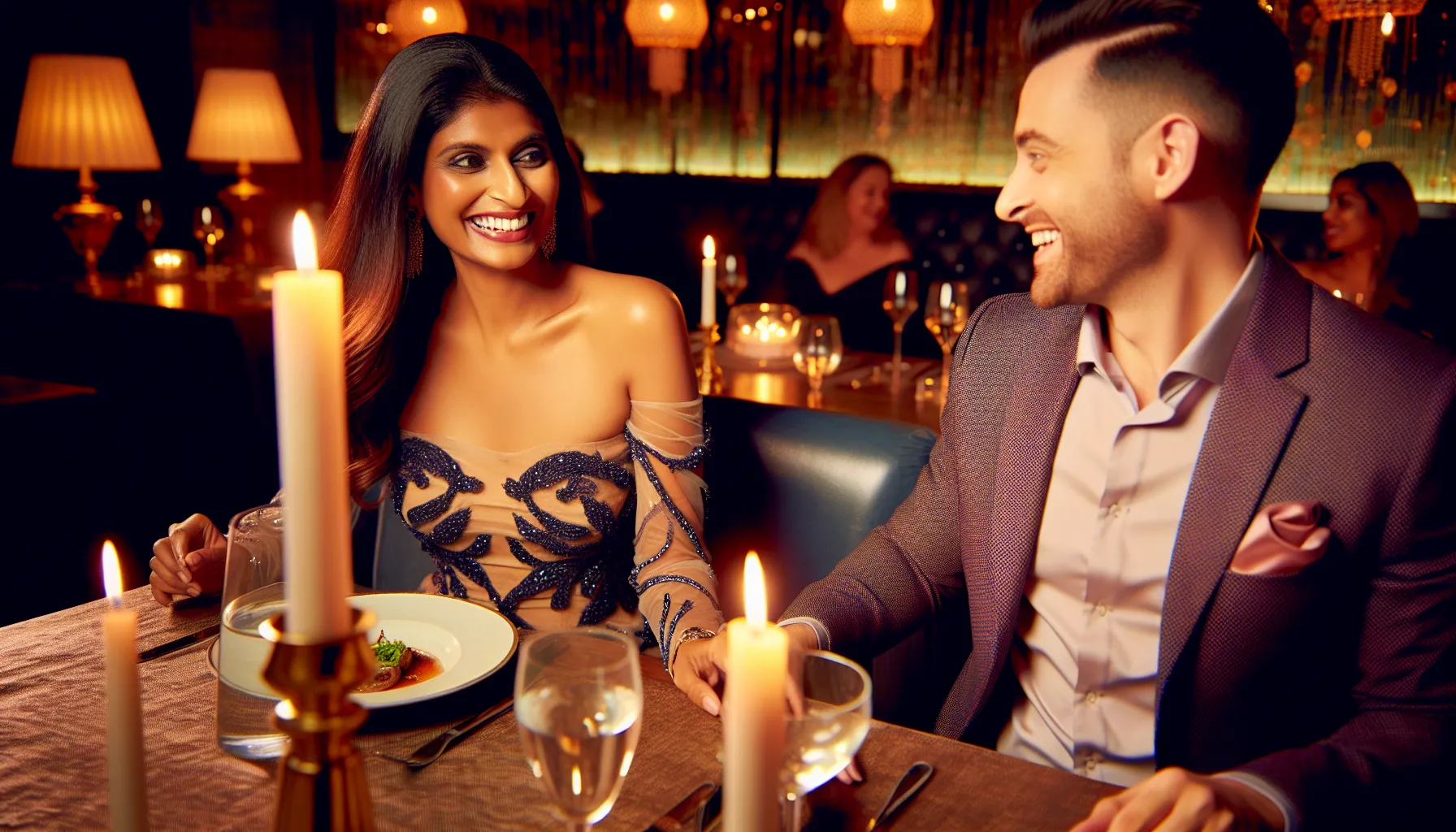 Confident older woman with younger man enjoying a romantic dinner