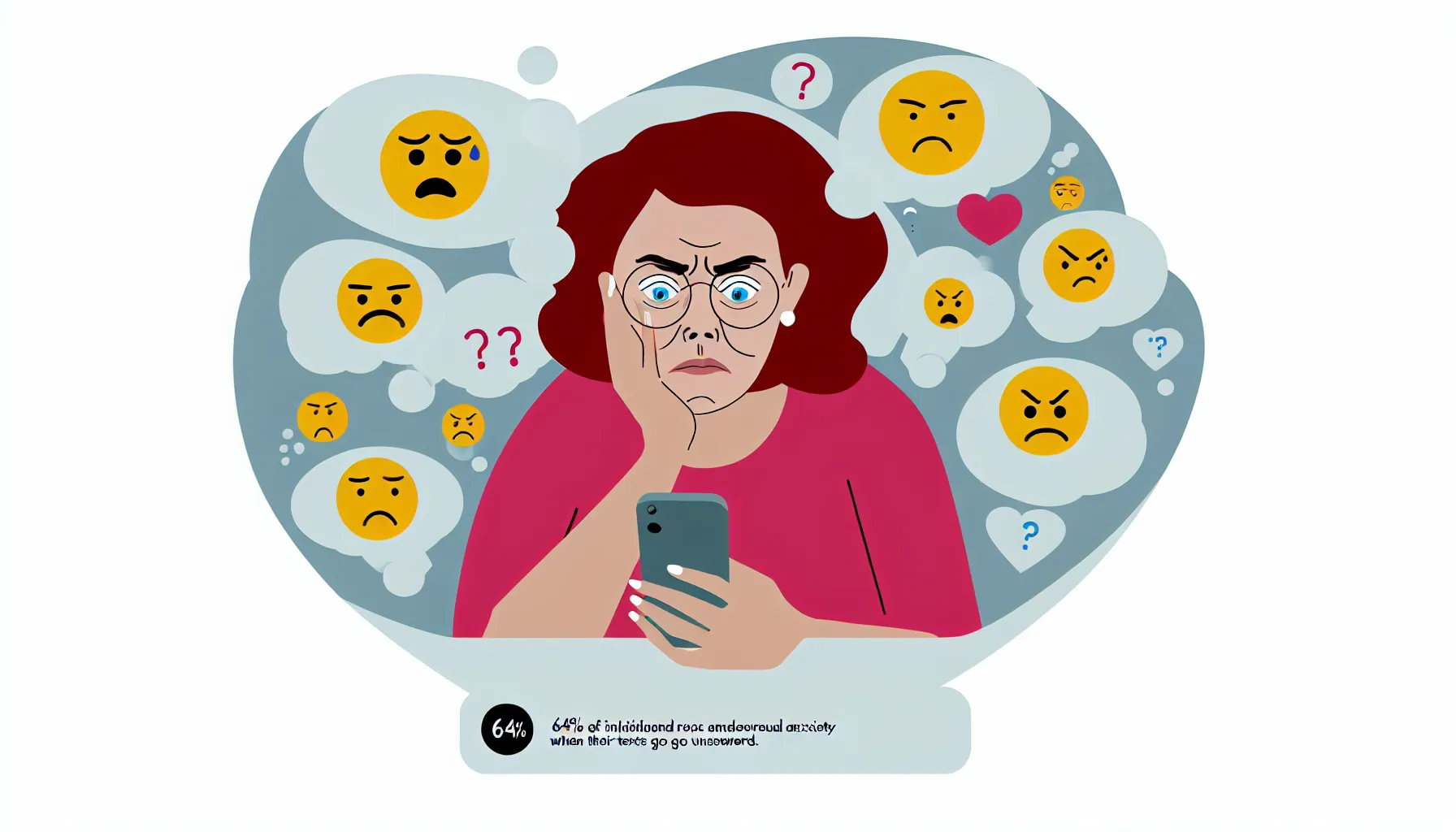 Anxious person with emotive thought bubbles staring at phone