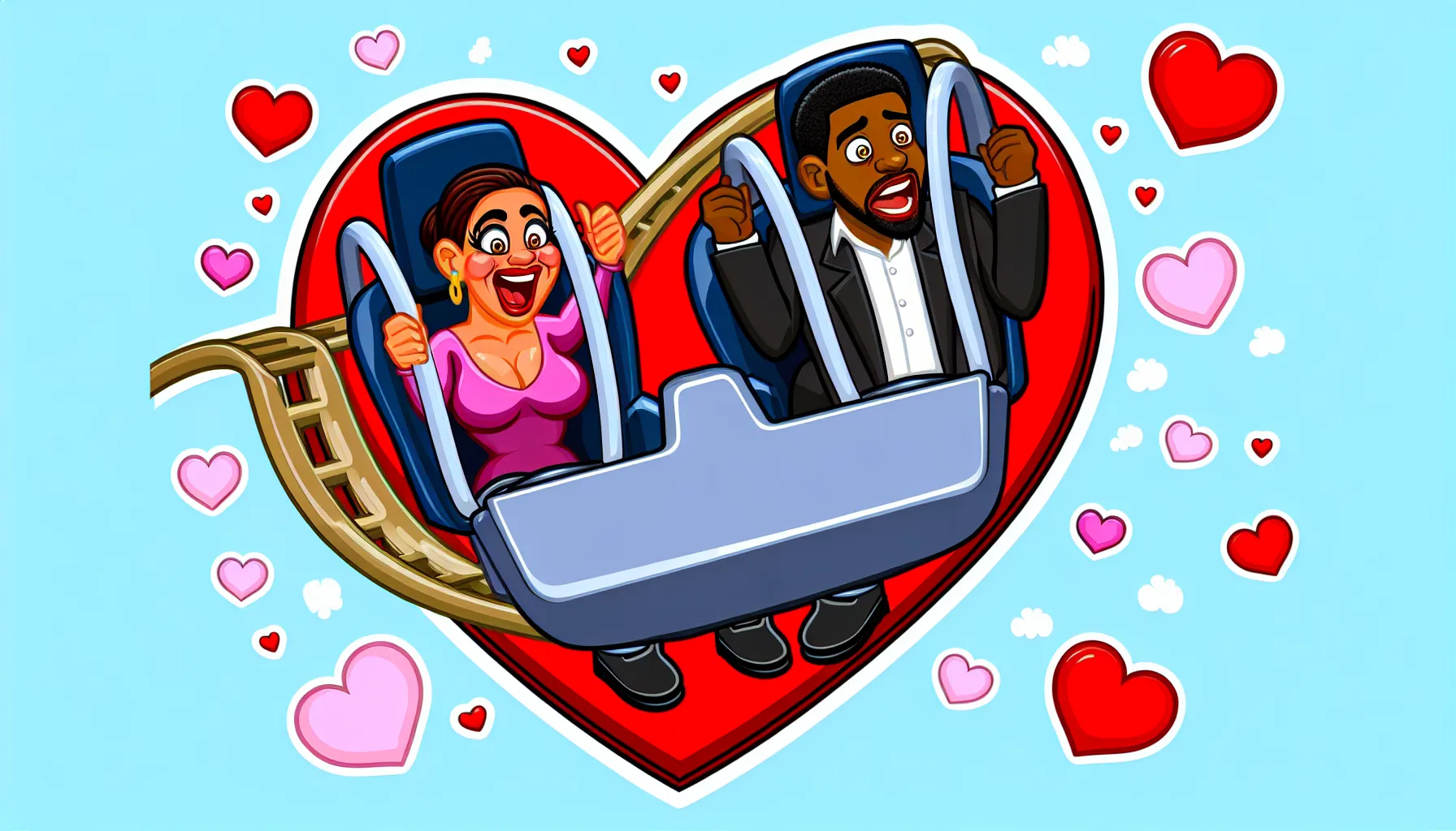 Humorous illustration of the relationship journey on a heart-shaped roller coaster