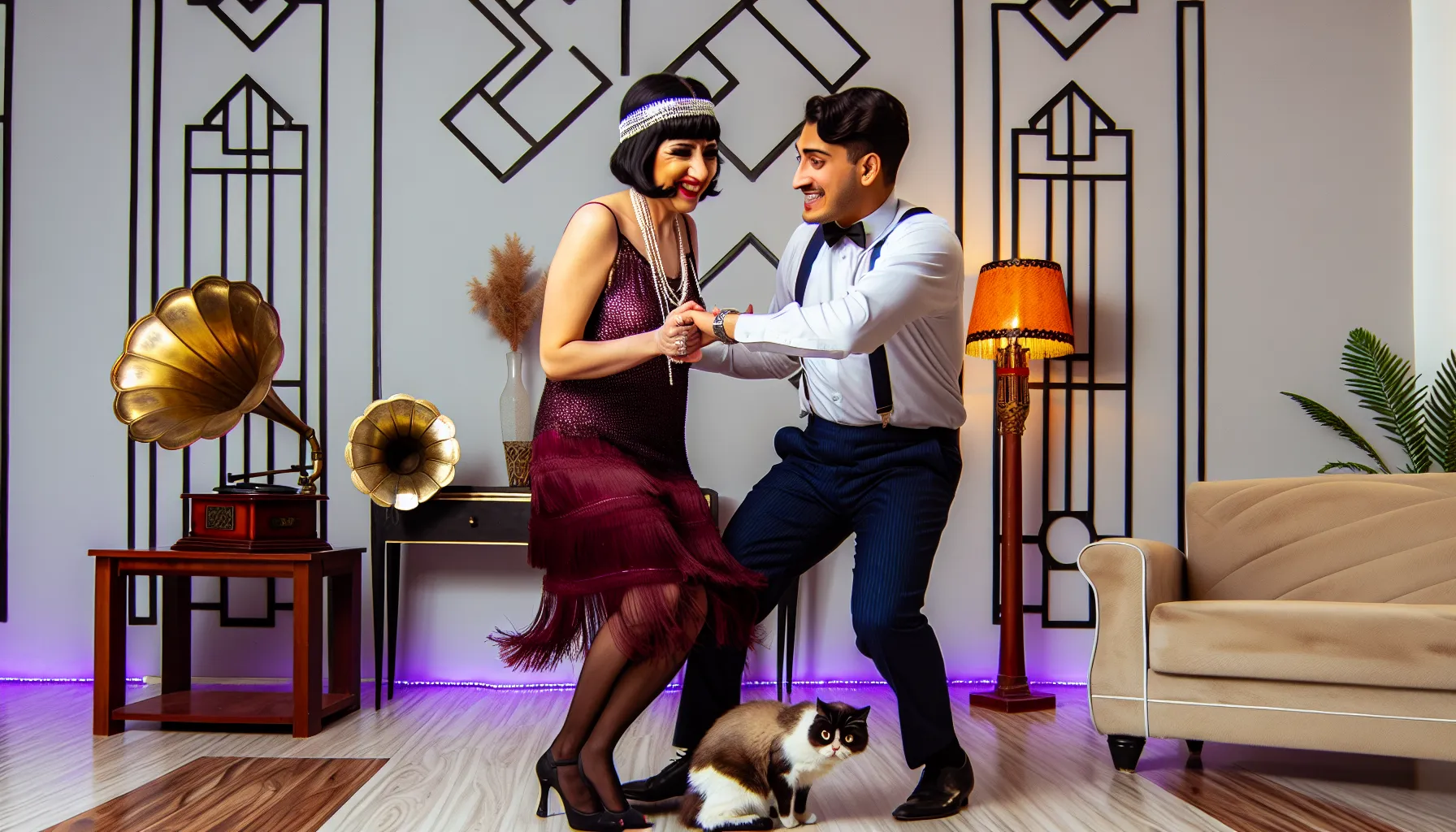 Couple enjoying a themed dance party at home