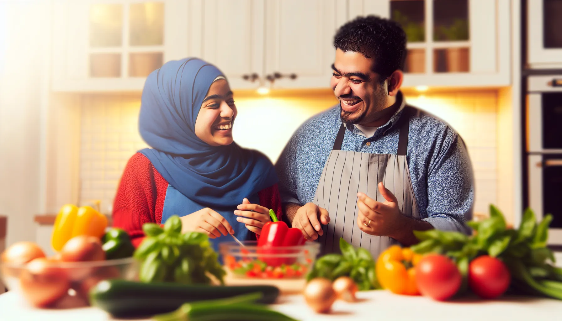 Couple enjoying a spontaneous, fun-filled cooking class.