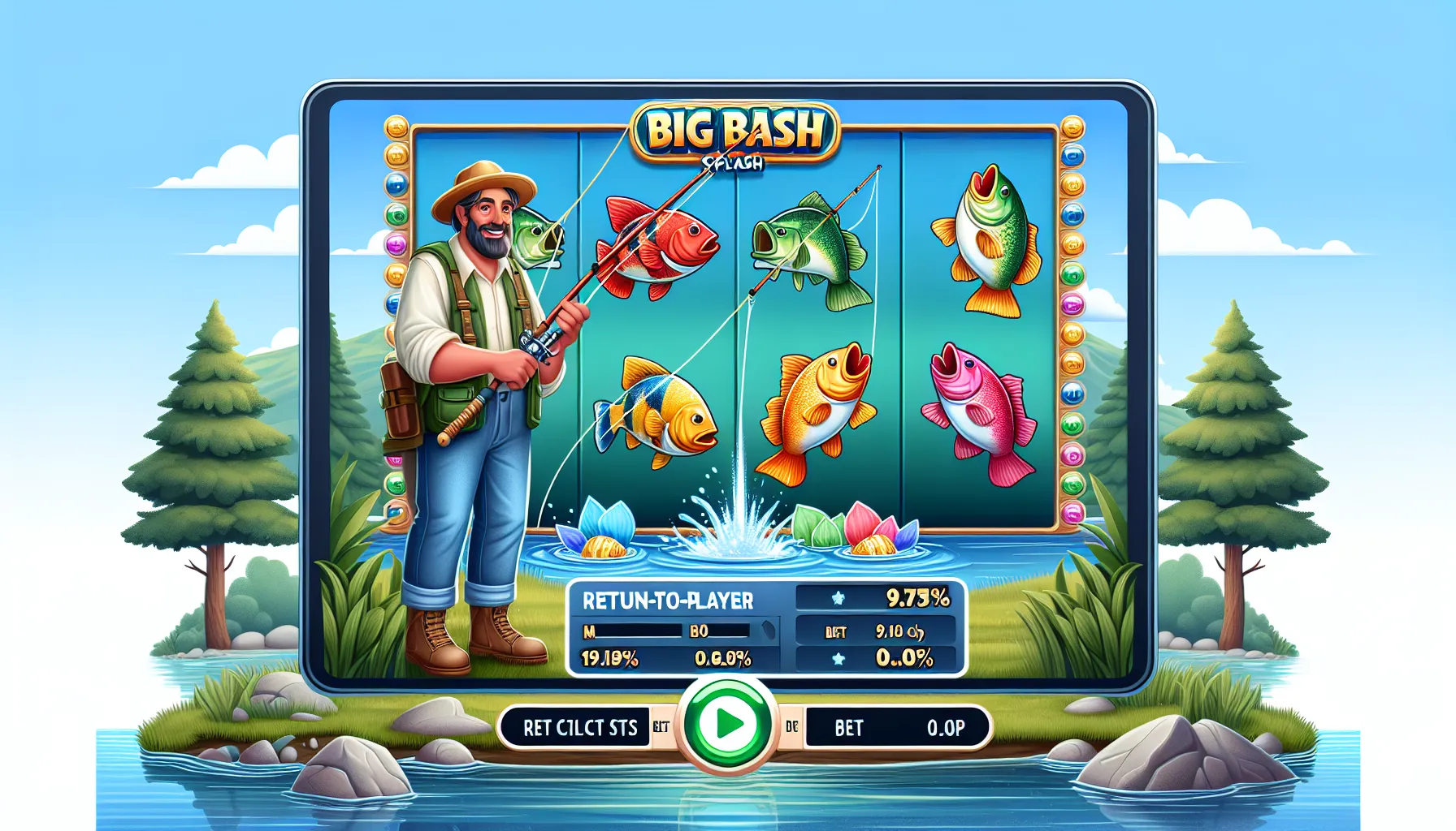 Interfaz de Big Bass Splash con símbolos de pesca y estadísticas del juego