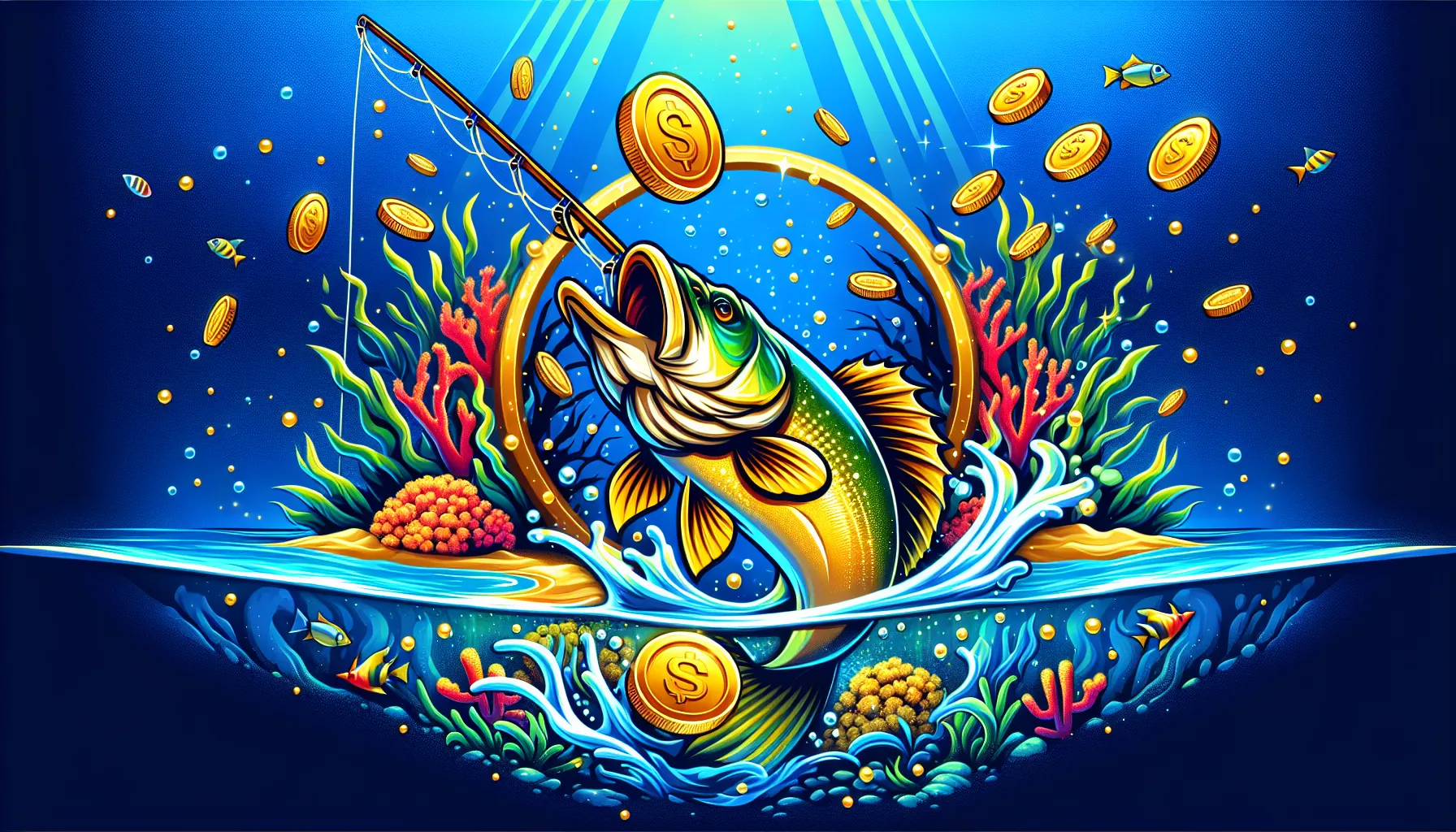 Logo de Big Bass Splash con elementos de pesca, monedas y escenario submarino