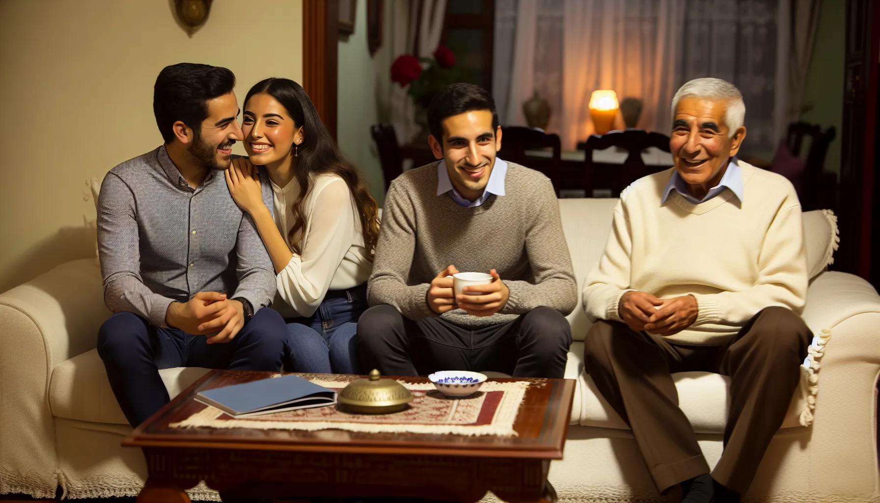 Diverse couple meeting partner's parents in a warm, inviting setting