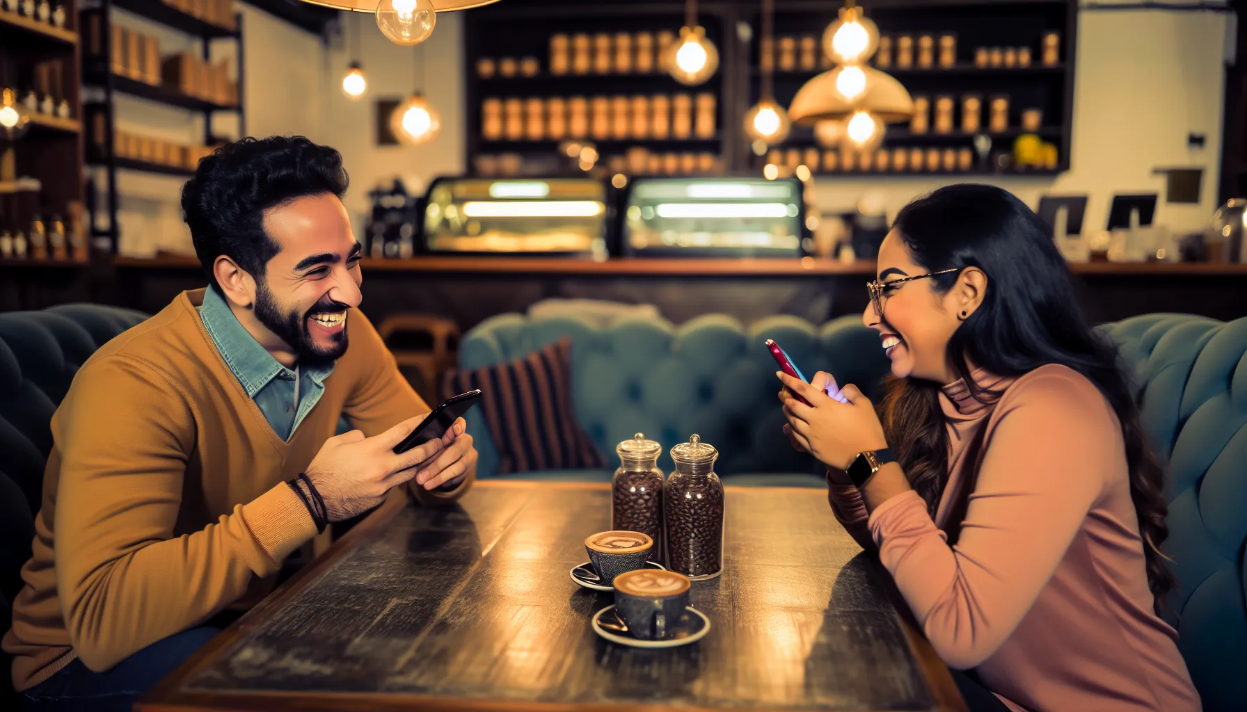 Couple on a coffee date, balancing technology and personal connection